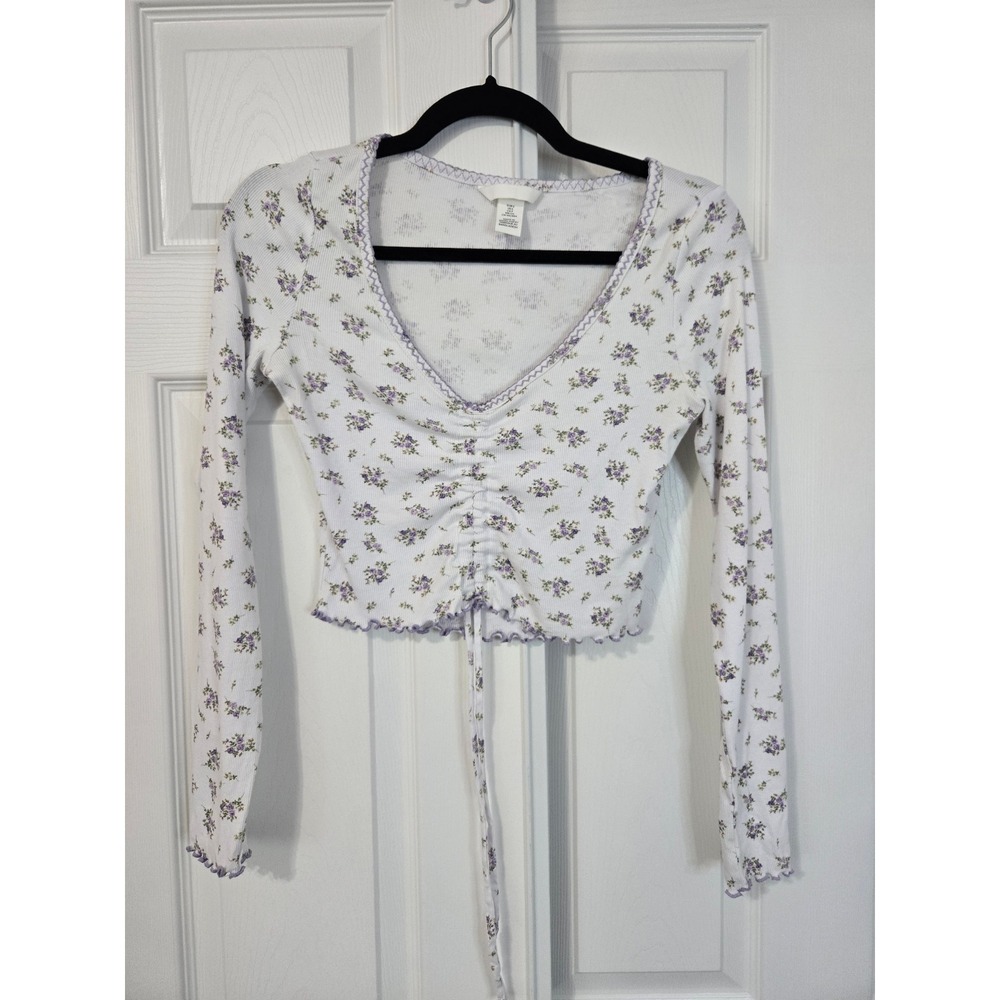 H&M Long Sleeve Floral Ruched Front Crop Top White Purple Lettuce Edge Small
